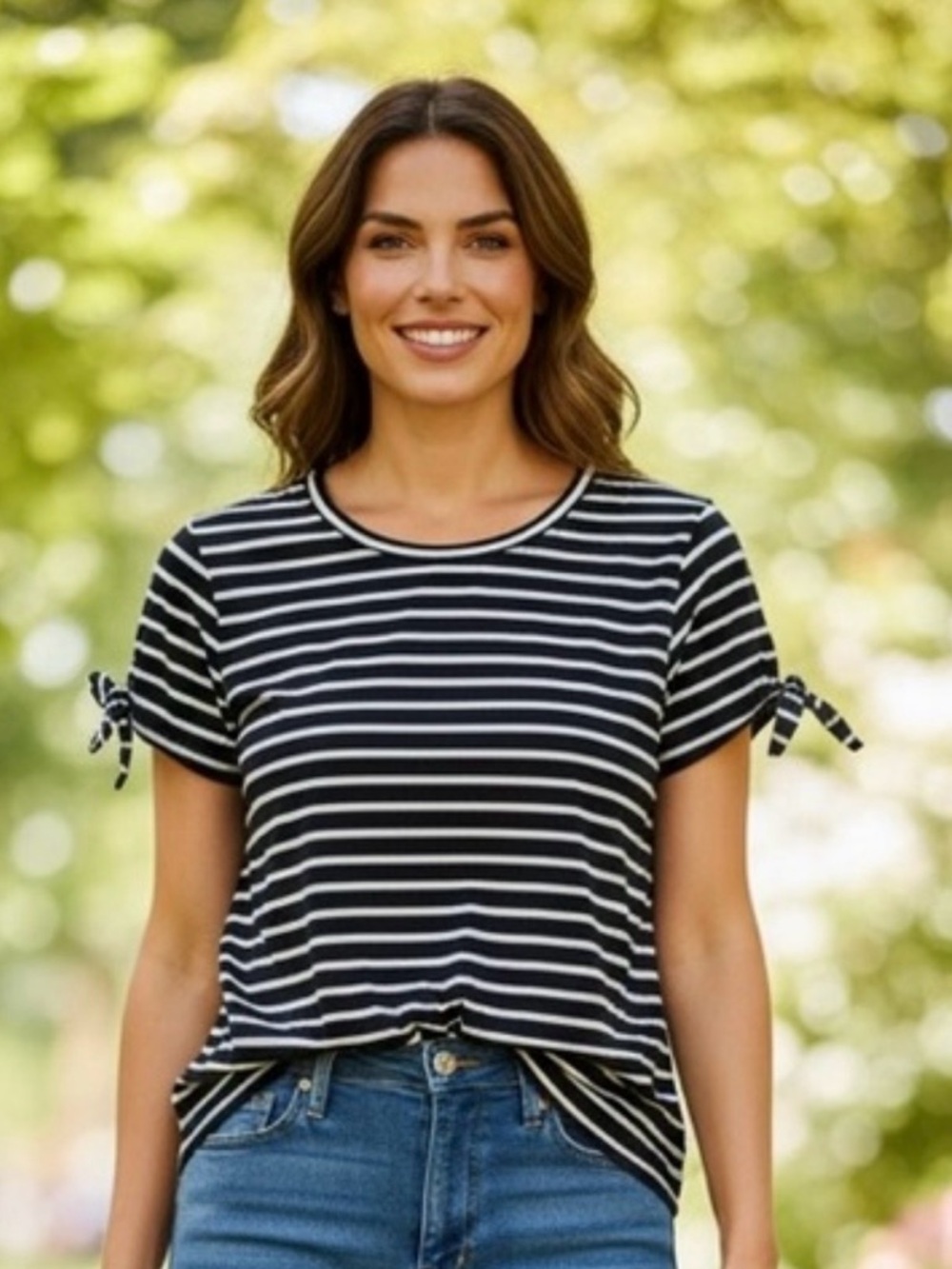 Nautica Blue and White Striped Short Sleeve Blouse